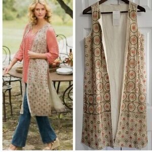 Soft Surroundings Cream and Apricot Open Front Midi Vest Chic Layering Essential